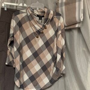 Robert Louis Beige and Gray Plaid Cowl Neck Top